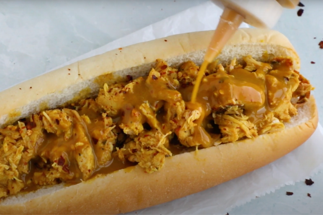 hot dog with mustard bbq sauce